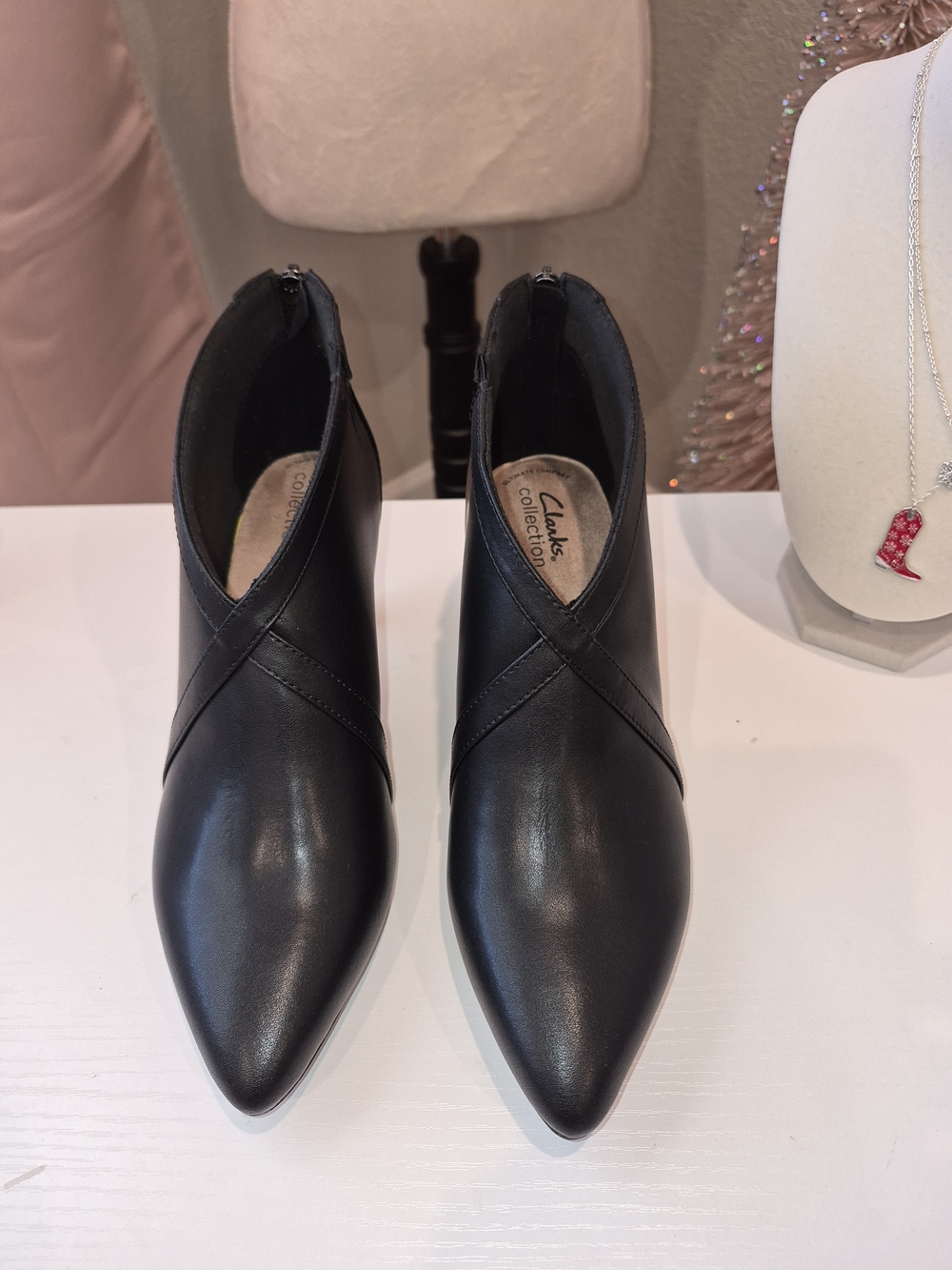 Clarks Black Pointed Leather Ankle Booties with Crossed Vamp
